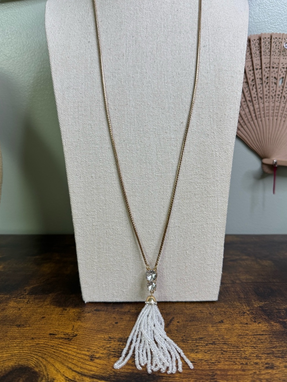 White Glass Beaded Tassel Necklace with Crystal on Gold Tone Long Chain